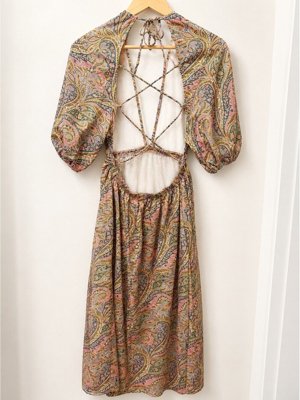Suboo Small Paisley Print Midi Dress with Puff Sleeves and Open Back - Picture 2 of 5